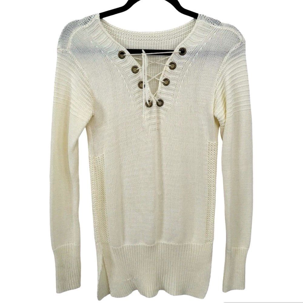 Crochet White V-Neck Long Sweater Size M